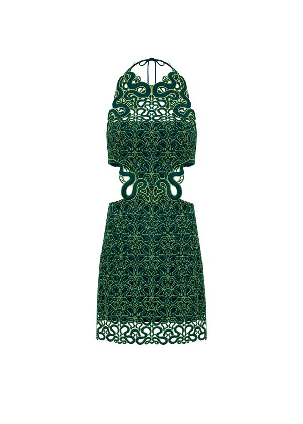VESTIDO CURTO COM RECORTES TRILHAS