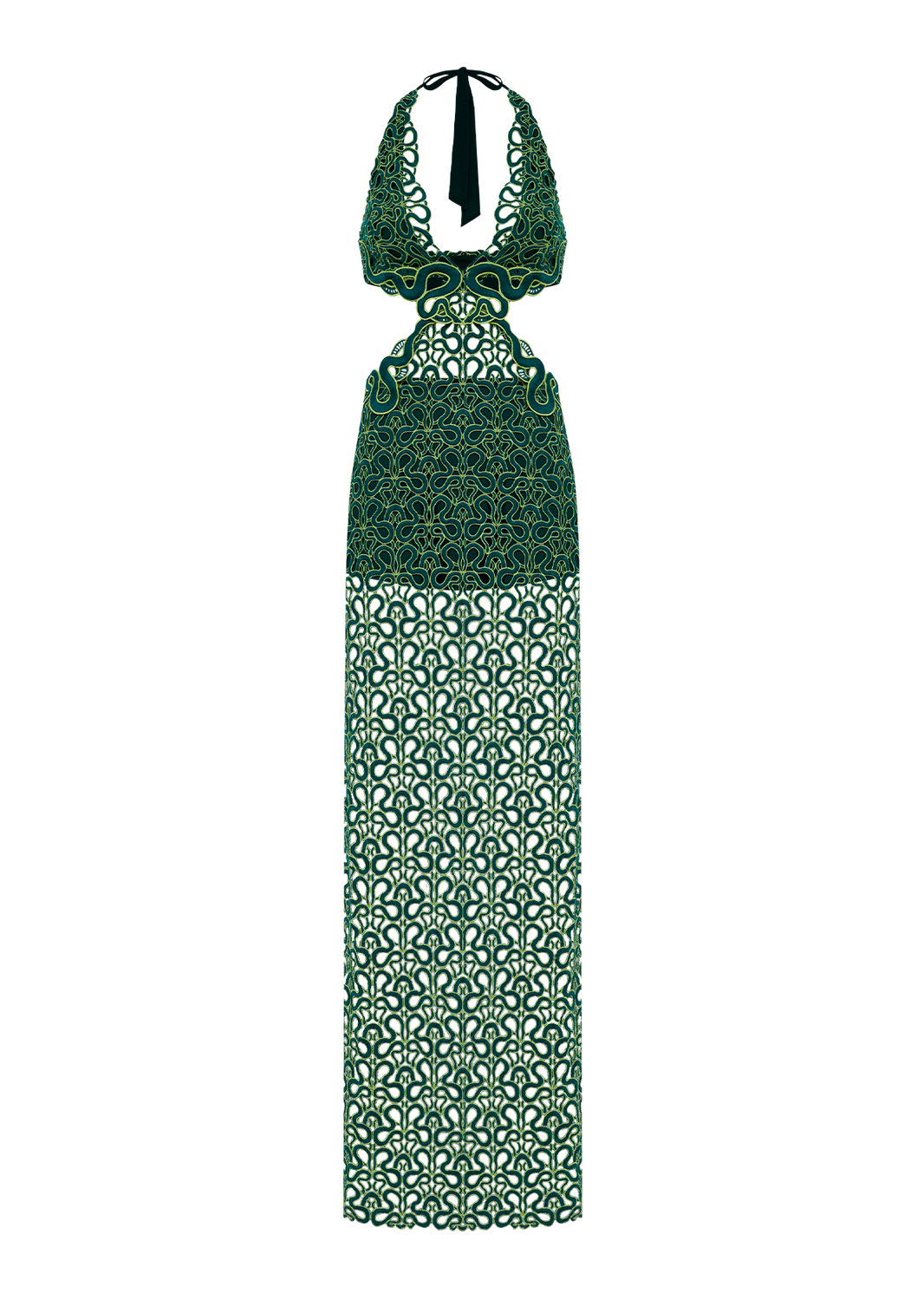 VESTIDO LONGO RECORTES COM FENDA TRILHAS