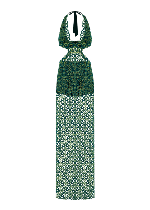 VESTIDO LONGO RECORTES COM FENDA TRILHAS