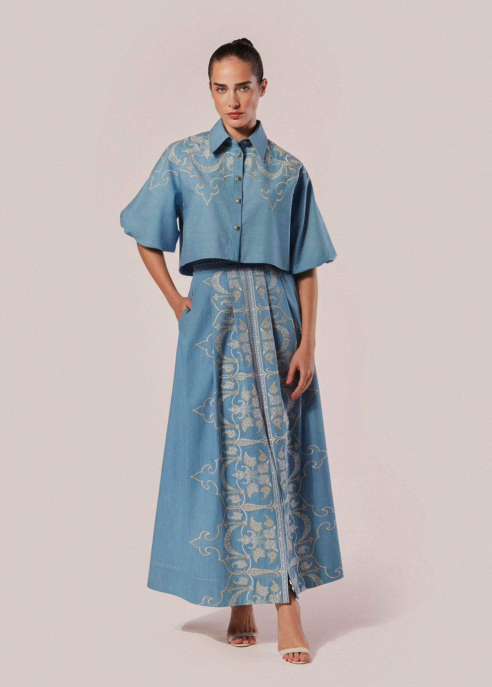 CAMISA CURTA MANGAS 3/4 CHAMBRAY ELEGANZA