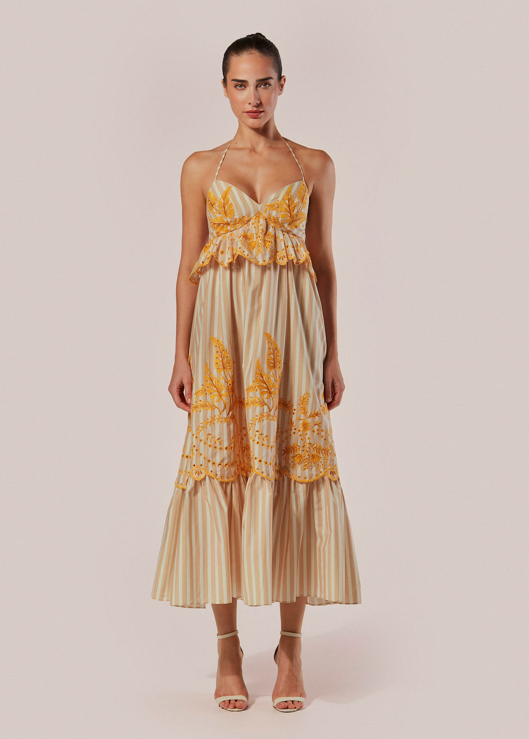 VESTIDO LONGO COM ALCAS LISTRAS BORDADA ANIMA