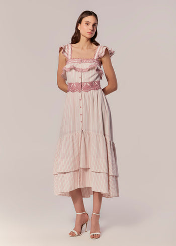 VESTIDO LONGO COM BABADOS LISTRADO ALBA