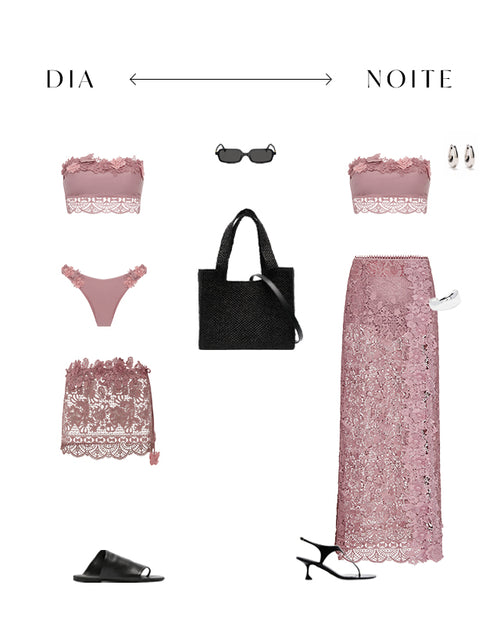 Composição de look verão europeu dia e noite com top rosa rendado, pareô de renda, bolsa preta, óculos, sandália baixa e versão noturna com saia longa rendada, salto e acessórios metálicos