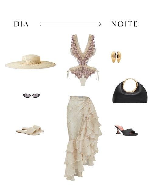 Composição de look verão europeu dia e noite com maiô bordado, saia longa com babados, chapéu de palha, óculos escuros, rasteira, bolsa preta e acessórios dourados