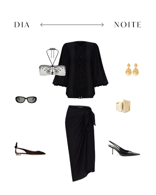 Composição de look verão europeu dia e noite com blusa preta fluida, saia midi preta transpassada, sapatilha, scarpin slingback, óculos escuros, bolsa estampada e acessórios dourados