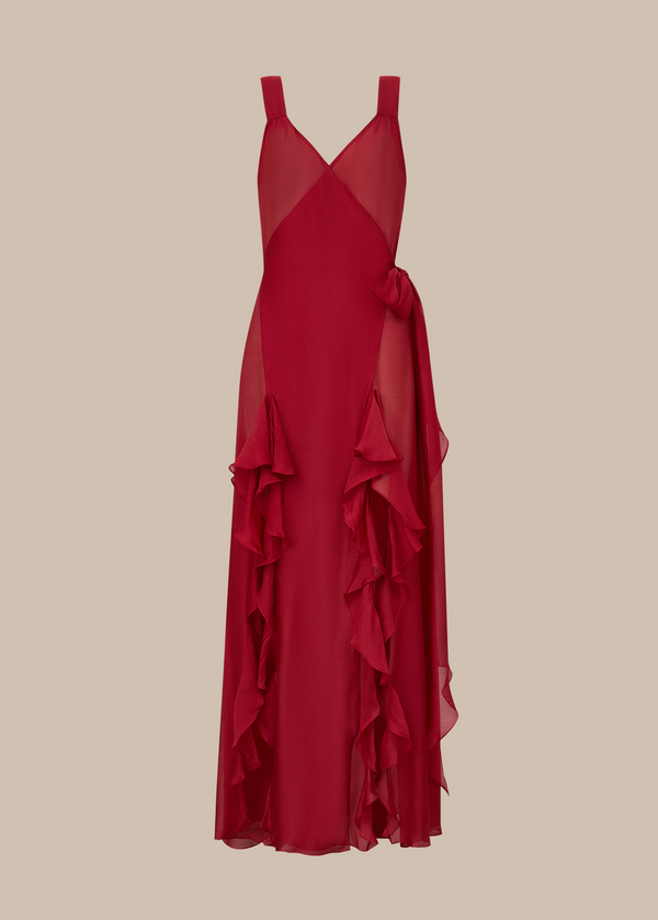 Still do vestido envelope vermelho Desiderio com babados e amarração lateral da coleção de Euro Summer da La Gea.