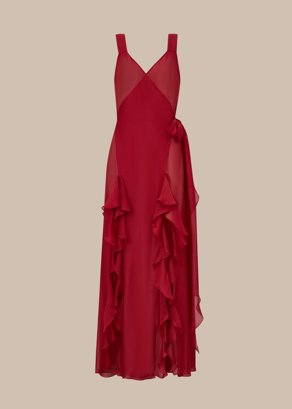 Still do vestido envelope vermelho Desiderio com babados e amarração lateral da coleção de Euro Summer da La Gea.